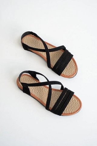 Women Black Suede Elastic Straps Sandals Comfortable Elegant Summer Shoes